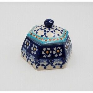Polish Pottery Trinket Dish w/Lid Daisy Blue Flowers Hand Painted Box Jar